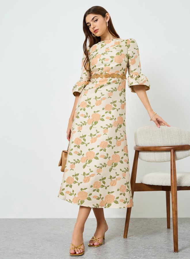 Styli Women Beige Floral Maxi Dress with 3/4 Sleeves - Image 5